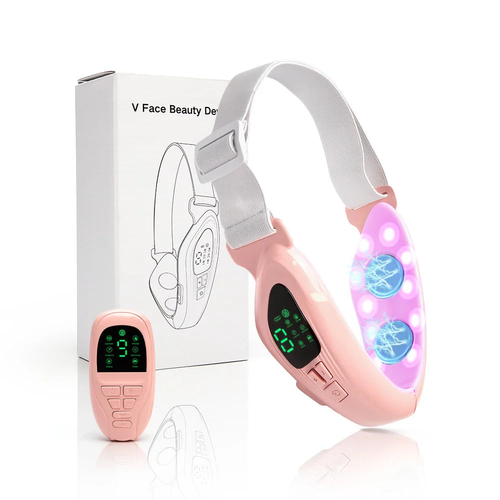 Pink 4 in 1 Massager for Face, Facial Sculpting Device for Double Chin, Reduces Sagging Skin, Remote Control Operation with 5 Modes, 15 Adjustable Intensities. (White)